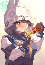 Rule 34 | 1girl, blue archive, blush, breasts, brown gloves, brown hair, commentary request, eating, food, gloves, gradient background, green eyes, halo, helmet, highres, holding, holding food, holding pizza, large breasts, long sleeves, mizuyoukan (mikususannda), neckerchief, pizza, pizza slice, saki (blue archive), short hair, solo, sparkling eyes, upper body, white hair, yellow neckerchief