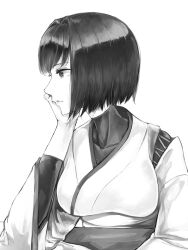 Rule 34 | 1girl, black eyes, black hair, bob cut, breasts, commentary, desk, elbow rest, greyscale, hand on own face, head rest, highres, hyuuga (kancolle), kantai collection, kurou (bcrow), looking to the side, medium breasts, monochrome, nontraditional miko, short hair, solo, undershirt