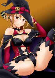 Rule 34 | 10s, 1girl, absurdres, accident, annoyed, artist request, ass, asuna (sao), bare shoulders, blush, breasts, bridal gauntlets, brown eyes, brown hair, cape, cleavage, embarrassed, halloween, hand on own head, hat, highres, leotard, long hair, looking at viewer, matching hair/eyes, medium breasts, shiny skin, sitting, solo, sword art online, tears, very long hair, wavy mouth, witch hat