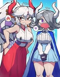Rule 34 | 2girls, absurdres, bare shoulders, blue background, breasts, cape, female focus, fire, grey hair, heart, highres, horns, japanese clothes, kimono, large breasts, legs, long hair, looking at viewer, multiple girls, one piece, outline, ponytail, purple eyes, red eyes, simple background, skirt, sleeveless, thick thighs, thighs, tony welt, white hair, white outline, wide hips, yamato (one piece)