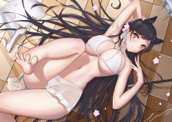 Rule 34 | 1girl, absurdres, animal ears, atago (azur lane), atago (summer march) (azur lane), atago (summer march) (azur lane), azur lane, bag, barefoot, bikini, black hair, breasts, dog ears, error1945, extra ears, highres, large breasts, long hair, looking at viewer, lying, mole, mole under eye, official alternate costume, sarong, see-through, shoes, unworn shoes, solo, swimsuit, white bikini