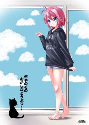 Rule 34 | 1girl, :o, animal, antenna hair, barefoot, black hoodie, blue eyes, blue shorts, blue sky, blush, breasts, cat, clothes writing, cloud, commentary request, copyright request, day, drawstring, full body, hair between eyes, hand up, highres, hood, hood down, hoodie, kaze makase, long sleeves, mole, mole under eye, parted lips, pig print, pink hair, print hoodie, short shorts, shorts, signature, sky, sleeves past wrists, small breasts, solo, standing, translation request, virtual youtuber, walking
