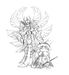 Rule 34 | 2boys, angel, armor, artist request, digimon, digimon frontier, full armor, hat, looking at another, monochrome, monster, multiple boys, multiple wings, no humans, seraphimon, simple background, sorcerimon, striped, wings, wizard, wizard hat
