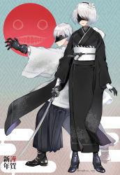 Rule 34 | 1boy, 1girl, alternate costume, arms at sides, artist name, black blindfold, black footwear, black gloves, black hairband, black kimono, blindfold, breasts, cleavage, commentary request, emil (nier), facing viewer, fighting stance, flower, from side, full body, gloves, grey hair, grey kimono, grey sash, hair flower, hair ornament, hairband, high heels, highres, holding, holding sword, holding weapon, japanese clothes, katana, kimono, long sleeves, mellow rag, mole, mole under mouth, nier (series), nier:automata, profile, standing, sword, twitter username, vambraces, virtuous contract, weapon, white flower, wide sleeves, 2b (nier:automata), 9s (nier:automata)
