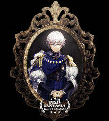 Rule 34 | 1boy, black background, blue eyes, copyright name, epaulettes, hair between eyes, jewelry, looking at viewer, male focus, onitobico, own hands together, pixiv fantasia, pixiv fantasia age of starlight, puffy sleeves, ring, solo, standing, voyager prince kyle, white hair