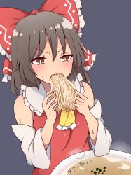 Rule 34 | 1girl, 2022, ai drawing anime characters eating ramen (meme), bow, bowl, bowtie, brown eyes, brown hair, detached sleeves, eating, food, food in mouth, grey background, hair between eyes, hakurei reimu, highres, holding, holding food, japanese clothes, meme, miko, noodles, open mouth, parody, ramen, simple background, solo, soup, steam, suwaneko, sweat, touhou