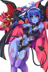 Rule 34 | 1girl, armpits, astaroth (shinrabanshou), black sclera, blue hair, blue skin, breasts, cape, cleavage, colored sclera, colored skin, colorized, demon tail, earrings, heart, heart earrings, highres, horns, jewelry, large breasts, looking at viewer, navel, purple thighhighs, sensei (hitagi3594), shinrabanshou, simple background, sitting, solo, staff, tail, thighhighs, tsuruoka masayoshi to junjou romantica 2, white background, wt, yellow eyes