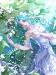Rule 34 | 1girl, absurdres, artist request, bare shoulders, blue eyes, blue hair, branch, butterfly hair ornament, clenched hand, closed mouth, douluo dalu, dress, flower, hair flower, hair ornament, highres, jewelry, lily pad, long hair, lotus, necklace, petals, ripples, second-party source, solo, tang wutong (douluo dalu), upper body, water, white dress