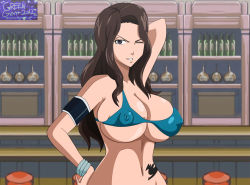 Rule 34 | 1girl, armlet, bikini, bracelet, breasts, brown hair, bursting breasts, cana alberona, cleavage, covered erect nipples, fairy tail, hand on own hip, highres, indoors, jewelry, large breasts, long hair, looking at viewer, micro bikini, navel, one eye closed, parted lips, purple eyes, rtenzo, skindentation, solo, standing, swimsuit, tattoo, upper body