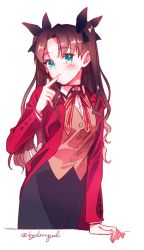 Rule 34 | 1girl, blue eyes, blush, brown hair, byulrorqual, fate/stay night, fate (series), finger to mouth, hair ribbon, homurahara academy school uniform, jacket, red jacket, ribbon, school uniform, tohsaka rin, two side up