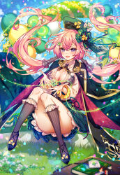Rule 34 | 1girl, :d, age of ishtaria, balloon, black capelet, black footwear, black socks, blue sky, blush, braid, brandt (age of ishtaria), breasts, capelet, cleavage, cleavage cutout, clothing cutout, clover, collared shirt, floating hair, flower, frilled shirt, frills, gold trim, grass, green hat, green skirt, hair flower, hair ornament, hands up, hat, highres, kneehighs, large breasts, loafers, looking at viewer, low twintails, munlu (wolupus), on grass, open mouth, outdoors, purple eyes, shirt, shoes, sitting, skirt, sky, smile, socks, solo, twintails, white shirt