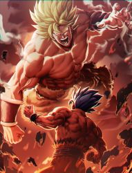 Rule 34 | 2boys, abs, blonde hair, bracer, broly (dragon ball z), clenched hand, clenched hands, dragon ball, dragon ball super, dragon ball super broly, from below, highres, male focus, multiple boys, muscular, muscular male, open mouth, pants, sash, topless male, son goku, soy chicken, spiked hair, super saiyan, super saiyan blue, teeth, tongue, wristband
