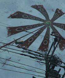 Rule 34 | 131 nngo, aircraft, cable, commentary, eldritch abomination, extra eyes, from below, grey sky, helicopter, highres, horror (theme), monster, motion blur, no humans, original, outdoors, power lines, sky, symbol-only commentary, teeth, utility pole