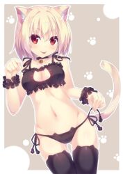 Rule 34 | 1girl, :p, akishisu (air balance), animal ear fluff, animal ears, bare shoulders, bell, black choker, black panties, black thighhighs, black wrist cuffs, blush, border, breasts, brown background, cat ears, cat girl, cat lingerie, cat tail, choker, cleavage, cleavage cutout, closed mouth, clothing cutout, collarbone, commentary request, cowboy shot, curvy, eyes visible through hair, frilled cuffs, gluteal fold, groin, hair between eyes, hand up, holding, holding string, jingle bell, looking at viewer, medium breasts, medium hair, meme attire, navel, neck bell, original, panties, paw pose, paw print, red eyes, side-tie panties, simple background, smile, solo, standing, stomach, string, tail, tail raised, thigh gap, thighhighs, thighs, tongue, tongue out, underwear, v-shaped eyebrows, white border, wrist cuffs