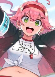 Rule 34 | 1girl, @-you (you 2023 8 16), ahoge, green eyes, hair ornament, hairclip, highres, hololive, jacket, navel, open clothes, open jacket, open mouth, pink hair, sakura miko, virtual youtuber, whistle, whistle around neck