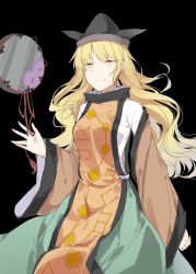 Rule 34 | 1girl, black background, black hat, blonde hair, breasts, cape, closed mouth, commentary request, constellation, constellation print, detached sleeves, drum, green skirt, grey hat, hand up, hat, instrument, jubctybn, long hair, long sleeves, looking at viewer, matara okina, medium breasts, orange cape, shirt, simple background, skirt, solo, standing, tabard, touhou, tsuzumi, white shirt, wide sleeves, yellow eyes