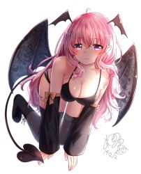 Rule 34 | 1girl, all fours, arm warmers, black bra, black thighhighs, blush, bra, breasts, cleavage, dated, demon girl, demon tail, demon wings, full body, hair wings, head wings, highres, large breasts, long hair, michiru donut, original, pink hair, purple eyes, signature, simple background, solo, tail, thighhighs, underwear, white background, wings