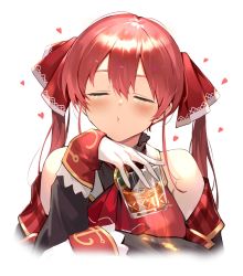 Rule 34 | 1girl, alcohol, blush, commentary request, cup, closed eyes, gloves, highres, holding, holding cup, hololive, houshou marine, kakage, red hair, simple background, solo, twintails, upper body, virtual youtuber, whiskey, white background, white gloves