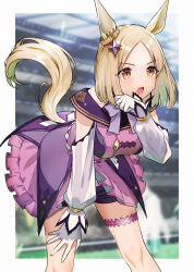 Rule 34 | 1girl, :o, animal ears, blonde hair, blurry, blurry background, blush, border, brown eyes, commentary, cowboy shot, doushimasho, dress, ear covers, ear ornament, gloves, highres, horse ears, horse girl, horse tail, narita top road (umamusume), off-shoulder dress, off shoulder, parted bangs, purple dress, short hair, single ear cover, solo, tail, umamusume, white border, white gloves, wiping sweat