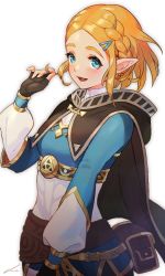 Rule 34 | 1girl, artist name, black cape, black gloves, blonde hair, blue eyes, blue shirt, blush, braid, brown background, cape, commentary request, fingers together, gloves, hair ornament, hairclip, hand in own hair, light blush, long sleeves, looking at viewer, nemoto yuuma, nintendo, open mouth, pointy ears, pouch, princess zelda, shirt, short hair, signature, simple background, smile, solo, standing, the legend of zelda, the legend of zelda: breath of the wild, the legend of zelda: tears of the kingdom, upper body, white background