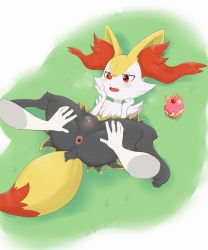 Rule 34 | 1boy, 1girl, anal, animal ear fluff, animal ears, animal hands, anus, ass juice, blush, braixen, cherry, cleft of venus, clitoris, creatures (company), cupcake, disembodied limb, fang, food, fox ears, fox tail, fruit, full body, furry, game freak, gen 6 pokemon, grass, green background, hand on own face, hands up, hetero, highres, interspecies, invisible penis, just the tip, lying, nintendo, on back, open mouth, orange (fruit), orange slice, outdoors, pawpads, pokemon, pokemon (creature), pokephilia, pussy, pussy juice, red eyes, sake kemosalmon, sex, shiny skin, spread legs, tail, uncensored