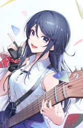 Rule 34 | 1girl, :d, absurdres, bare shoulders, black gloves, black hair, blue eyes, blue hair, blue skirt, breasts, collarbone, collared shirt, dl (dl 6ix), dress shirt, electric guitar, fender telecaster, fingerless gloves, foreshortening, gloves, guitar, hands up, highres, hoshino ichika (project sekai), index finger raised, instrument, long hair, looking at viewer, medium breasts, open mouth, plectrum, project sekai, red ribbon, ribbon, shirt, single glove, skirt, sleeveless, sleeveless shirt, small breasts, smile, solo, striped ribbon, teeth, upper body, upper teeth only, white shirt