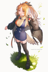 Rule 34 | 1girl, aran sweater, arknights, bird tail, black footwear, black jacket, black thighhighs, blue nails, blue skirt, breasts, buttons, cable knit, coyucom, feather hair, feather hair ornament, feathers, flower, full body, garter straps, grass, hair ornament, highres, jacket, long hair, looking at viewer, medium breasts, mole, mole under eye, multicolored nails, open clothes, open jacket, orange eyes, orange hair, orange nails, pinecone (arknights), pixiv id, ponytail, revision, shoes, simple background, skirt, solo, standing, suspender skirt, suspenders, sweater, tail, thighhighs, twitter username, white background, white flower