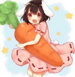 Rule 34 | 1girl, :d, animal ears, black hair, blush, carrot, carrying, commentary request, dress, inaba tewi, looking at viewer, open mouth, oversized object, pink dress, rabbit ears, rabbit girl, rabbit tail, red eyes, ribbon-trimmed dress, smile, solo, star (symbol), tail, touhou, udon0513