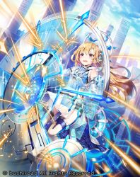 Rule 34 | 1girl, :o, blonde hair, blue sky, building, cardfight!! vanguard, cloud, day, full body, holographic monitor, long hair, nemusuke, official art, outdoors, shield, sky, skyscraper, solo, watermark