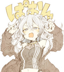 Rule 34 | 1girl, abara heiki, ahoge, animal ears, black jacket, black nails, black shirt, blue eyes, blush, breasts, claw pose, cleavage, commentary, fangs, fur-trimmed jacket, fur trim, hair between eyes, half-closed eyes, hololive, jacket, jewelry, lion ears, long hair, looking at viewer, medium breasts, midriff, nail polish, navel, necklace, open clothes, open jacket, open mouth, shirt, shishiro botan, shishiro botan (1st costume), silver hair, simple background, sleeveless, sleeveless shirt, solo, traditional media, translated, twintails, upper body, virtual youtuber, white background