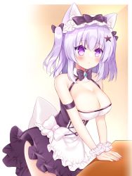 Rule 34 | 1girl, animal ear fluff, animal ears, apron, bare shoulders, black bow, black bowtie, black dress, blush, bow, bowtie, breasts, cat ears, cleavage, cowboy shot, dress, frilled apron, frills, hair between eyes, hair bow, hair ornament, highres, large breasts, original, parted lips, purple eyes, purple hair, shikito (yawa0w0), solo, star (symbol), star hair ornament, two side up, waist apron, white apron