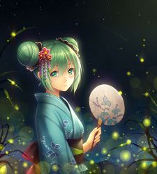 Rule 34 | 1girl, alternate hair length, alternate hairstyle, blush, closed mouth, double bun, hand fan, female focus, fireflies, flower, from side, green eyes, green hair, hair flower, hair ornament, hair up, hatsune miku, holding, japanese clothes, kanzashi, kimono, long sleeves, looking at viewer, matching hair/eyes, night, night sky, obi, outdoors, paper fan, sash, shooting star, short hair, sky, solo, star (sky), tidsean, uchiwa, vocaloid