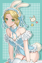 Rule 34 | 1girl, animal ears, bare shoulders, blonde hair, blue background, blue bow, blue leotard, bow, breasts, choker, cleavage, commentary request, fire emblem, fire emblem: three houses, frilled leotard, frills, green eyes, hair intakes, headdress, highres, ingrid brandl galatea, leaning forward, leotard, looking at viewer, nintendo, plaid, plaid background, rabbit ears, shadow, short hair, small breasts, solo, thighhighs, white choker, white thighhighs, yuurururun
