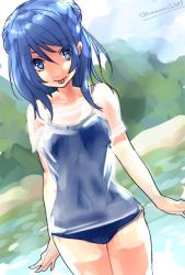 Rule 34 | 10s, 1girl, :p, beach, blue eyes, blue hair, blue sky, collarbone, day, double bun, forest, kantai collection, looking at viewer, matching hair/eyes, namaashi (namaashi999), nature, one-piece swimsuit, outdoors, river, see-through, short sleeves, sky, solo, swimsuit, swimsuit under clothes, tongue, tongue out, twitter username, urakaze (kancolle), wet, wet clothes