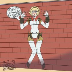 Rule 34 | aegis (persona), bimbofication, blonde hair, blue eyes, breasts, collar, female focus, henshin, high heels, highres, large breasts, latex, lips, open mouth, persona, persona 3, polka dot, simple background, thetransformtentacle, topless, transformation