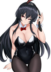 Rule 34 | 1girl, absurdres, akame (akame ga kill!), akame ga kill!, alternate costume, animal ears, bare shoulders, black hair, black leotard, black pantyhose, bow, bowtie, breasts, cleavage, closed mouth, collarbone, commission, covered navel, detached collar, expressionless, fake animal ears, hand on headwear, highres, large breasts, leotard, long hair, pantyhose, pixiv commission, playboy bunny, rabbit ears, red bow, red bowtie, red eyes, simple background, sitting, solo, strapless, strapless leotard, thigh gap, tian kazuki, white background, wrist cuffs