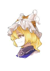 Rule 34 | 1girl, blonde hair, bright pupils, freeeeza, from side, hat, highres, mob cap, orange eyes, portrait, short hair, simple background, solo, touhou, white background, white pupils, yakumo ran