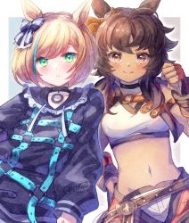 Rule 34 | 2021, 2girls, ahoge, animal ears, artist name, bitter glasse (umamusume), black collar, black dress, blonde hair, blush, bow, breasts, brown eyes, brown hair, clenched hand, closed mouth, collar, cowboy shot, crop top, dark-skinned female, dark skin, drawstring, dress, fingerless gloves, gloves, green eyes, hair bow, hand on own hip, hand up, highres, horse ears, horse girl, horse tail, ittokyu, little cocon (umamusume), long hair, long hoodie, long sleeves, looking at viewer, midriff, multicolored background, multiple girls, navel, red gloves, short hair, short shorts, shorts, signature, small breasts, smile, striped, striped bow, tail, umamusume, white shorts