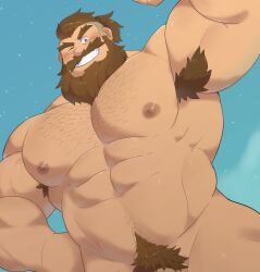 Rule 34 | 1boy, abs, armpit hair, armpits, bara, beard, biceps, blue eyes, brown hair, commentary, completely nude, cropped, destroyer (ni no kuni), dogoronumber3, english commentary, facial hair, hand on own hip, looking at viewer, male focus, muscular, muscular male, ni no kuni: cross worlds, nipples, nude, one eye closed, out-of-frame censoring, paid reward available, pectorals, ponytail, pubic hair, sparse chest hair
