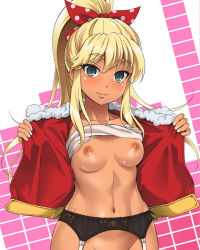 Rule 34 | 1girl, blonde hair, blue eyes, blush, bow, breasts, breasts apart, character request, clothes lift, fur-trimmed jacket, fur trim, garter belt, garter straps, hair bow, high ponytail, jacket, linea alba, long hair, looking at viewer, medium breasts, navel, nipples, no bra, open clothes, open jacket, open shirt, out-of-frame censoring, pachislot disc up, polka dot, polka dot bow, ponytail, presenting, red bow, red jacket, self exposure, shirt lift, sidelocks, smile, standing, tagme, tan, upper body, youkan