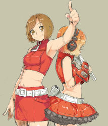 Rule 34 | 2girls, back-to-back, breasts, brown background, brown eyes, brown hair, bubble skirt, commentary request, daigoman, dual persona, gloves, halterneck, headphones, highres, index finger raised, meiko (vocaloid), microphone, midriff, multiple girls, navel, orange hair, pencil skirt, red gloves, sakine meiko, short hair, skirt, sleeveless, small breasts, smile, standing, swept bangs, vocaloid, zipper