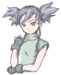 Rule 34 | 00s, 1girl, bare shoulders, black gloves, braid, dress, expressionless, fingerless gloves, gloves, green dress, my-otome, nina wang, pink eyes, purple hair, short hair, short hair with long locks, simple background, sleeveless, sleeveless dress, solo, twin braids, two side up, upper body, white background