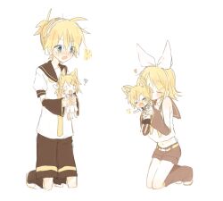 Rule 34 | animal ears, belt, blonde hair, blue eyes, blush, bow, cat ears, closed eyes, detached sleeves, fang, hair bow, headset, highres, kagamine len, kagamine rin, kiss, leg warmers, necktie, oboro 0x0, open mouth, sailor collar, short ponytail, shorts, vocaloid, white bow, yellow belt