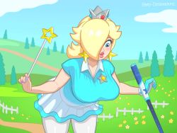Rule 34 | 1girl, animated, artist name, blonde hair, blue eyes, blue gloves, blue shirt, blue skirt, blue sky, bouncing breasts, breasts, cleavage, closed mouth, cloud, covered erect nipples, crown, dancing, dirt road, earrings, eyelashes, fence, floating, flower, gloves, golf, golf club, golf course, gradient shirt, hair over one eye, hands up, hanging breasts, hard-degenerate, holding, holding golf club, holding wand, jewelry, large breasts, levitation, lips, long hair, looking down, looping animation, mario (series), mario golf, mario golf: super rush, nail polish, nintendo, outdoors, outstretched arms, pantyhose, polo shirt, purple nails, road, rosalina, shirt, short sleeves, single glove, skirt, sky, smile, solo, star (symbol), star earrings, star pin, telekinesis, thick lips, tree, video, wand, white pantyhose, white shirt, white skirt, wooden fence