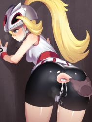 Rule 34 | 1girl, after anal, aftersex, against wall, anus, ass, bare shoulders, bent over, bicycle helmet, bike shorts, blonde hair, blush, creatures (company), cum, cum in ass, cumdrip, disembodied hand, fingerless gloves, game freak, gaping, gloves, grey eyes, gym leader, hair between eyes, helmet, highres, ie (raarami), korrina (pokemon), long hair, nintendo, pokemon, pokemon xy, ponytail, shirt, shorts, sleeveless, sleeveless shirt, solo focus, spread anus, torn clothes, torn shorts, uncensored, white shirt