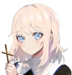 Rule 34 | 1girl, absurdres, black dress, blonde hair, blue eyes, commentary request, cross, cross necklace, daiiichukiii, dress, face, grey background, highres, jewelry, lifting own clothes, looking at viewer, medium hair, necklace, nun, original, parted lips, simple background, solo, traditional nun