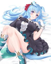 Rule 34 | 1girl, absurdres, animal ears, asymmetrical footwear, asymmetrical sleeves, bare shoulders, black gloves, blue hair, blush, braid, breasts, cleavage, commentary request, crown braid, dress, ear ornament, ears down, fold-over boots, foot out of frame, frilled dress, frills, gloves, highres, horse ears, horse girl, large breasts, light blue hair, long hair, long sleeves, mejiro ardan (umamusume), on chair, parted lips, purple eyes, short sleeves, simple background, solo, taku (312nismo1), umamusume, white background, white footwear