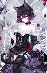 Rule 34 | 1girl, animal ears, artist name, bare shoulders, black dress, black hair, black thighhighs, breasts, cat ears, commentary, cup, detached sleeves, dress, flower, head tilt, highres, holding, holding cup, looking at viewer, original, red eyes, red flower, red rose, rose, sheya, short hair, signature, small breasts, solo, strapless, strapless dress, symbol-only commentary, teacup, thighhighs