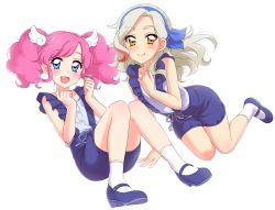 Rule 34 | 2girls, :d, aikatsu!, aikatsu! (series), amahane madoka, bare arms, blue eyes, blue footwear, blue shorts, blush, closed mouth, commentary request, full body, grey hair, hand on own chest, hands on own chest, high heels, highres, kurosawa rin (aikatsu!), legs together, long hair, looking at viewer, mary janes, medium hair, multicolored hair, multiple girls, open mouth, parted bangs, pink hair, sekina, shirt, shoes, shorts, simple background, smile, socks, streaked hair, suspender shorts, suspenders, twintails, white background, white legwear, white shirt, wing hair ornament, yellow eyes