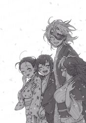 Rule 34 | 1boy, 3girls, blush, breasts, earrings, eyepatch, facing to the side, facing viewer, floating hair, greyscale, hair pulled back, hand on another&#039;s arm, hand on another&#039;s shoulder, hand up, haori, happy, height difference, hetero, hinatsuru (kimetsu no yaiba), holding hands, husband and wives, japanese clothes, jewelry, kimetsu no yaiba, kimono, large breasts, long hair, long sleeves, maccya zatta, makio (kimetsu no yaiba), monochrome, multicolored hair, multiple girls, obi, one eye covered, open mouth, petals, ponytail, sash, short hair, simple background, suma (kimetsu no yaiba), two-tone hair, uzui tengen, wind